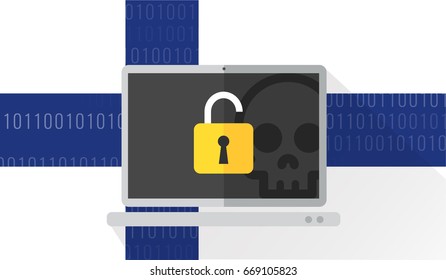 vector illustration of a computer attacked by hacker cybercrime with finland flag background