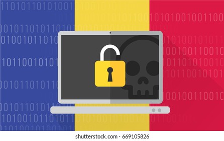 vector illustration of a computer attacked by hacker cybercrime with romania flag background