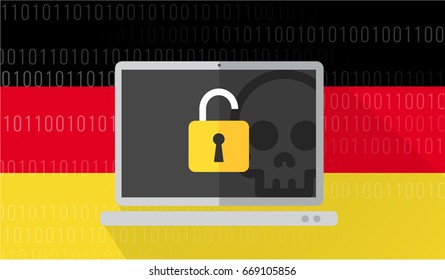vector illustration of a computer attacked by hacker cybercrime with germany flag background
