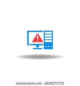 Ilustração vetorial de computador com sinal de atenção. Símbolo dos dados confidenciais eletrônicos. Ícone da segurança digital. Pictograma da ameaça de hackers de computação.