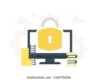Vector illustration of computer with big lock on screen. Concept of security center, data protection, network secure. Padlock login password.