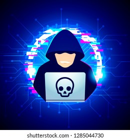 Vector illustration computer black hoodie hacker spread a net - trying cyber attack on laptop with glitch background