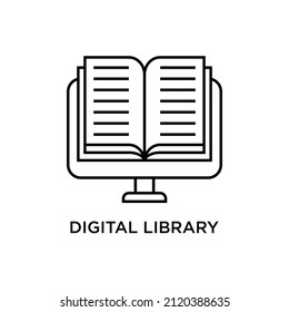 Vector illustration of computer with book icon. Suitable for design element of digital library, e-book, and online learning app website.