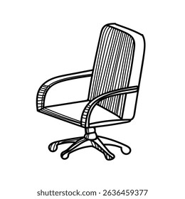 Vector illustration of a computer chair in black and white doodle style. Hand-drawn line art on a white background. Minimalist and modern design.
