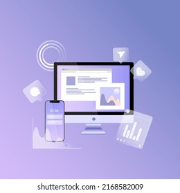 Vector illustration computer, charts, internet indicators, social media icons and smartphone. Concept of online tool or service for social media analytics and SMM for website, app, banner, or flyer