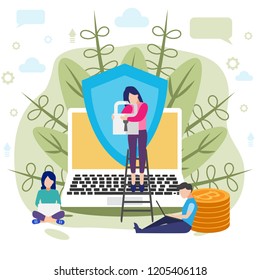 Vector illustration of  computer data protecting for web page, coding and programming. Office workers, team work in cooperation. 