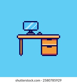 Vector Illustration of Computer Desk with Pixel Art Design, perfect for game assets themed designs