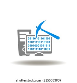 Vector illustration of computer with digital numbers 1 0 and pickaxe. Icon of data mining. Symbol of digital electronic information mine, processing, generation.