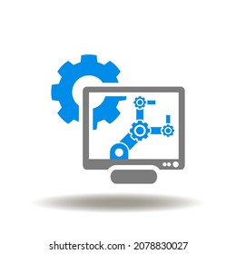 Vector illustration of computer display with robot arm and gear. Symbol of CAE Сomputer-Aided Engineering. Icon of CAD project designing software system.