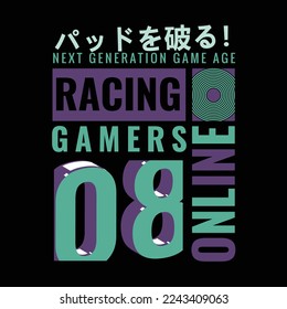 vector illustration of computer game and racing theme for t shirt graphics with japanese typography saying break the pad .