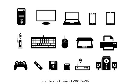 Vector illustration of computer hardware, such as a monitor, printer, keyboard. Suitable for graphic elements from computers for office work. Silhouette of a collection of computer equipment.
