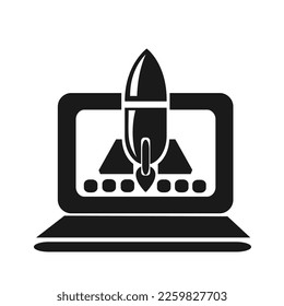 Vector illustration, computer icon and rocket launch. Business and startup.