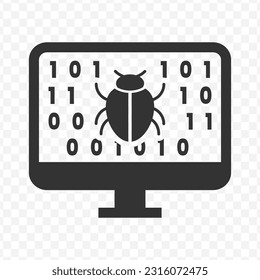 Vector illustration of the computer is infected with a virus icon in dark color and transparent background(PNG).