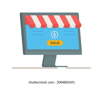 Vector illustration of computer isolated on white background. Parcel delivery from the online store and cash payment. 