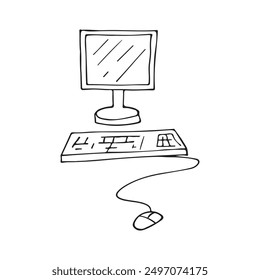 Vector illustration of a computer with keyboard and mouse in doodle style. Drawn technique in flat style. Modern gadget. EPS10
