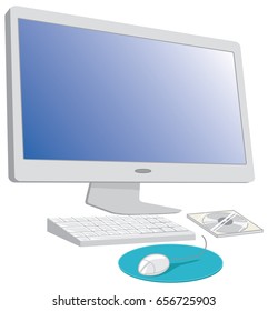 Vector illustration of Computer with keyboard, mouse and cd-rom isolated on white