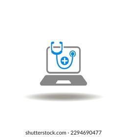 Vector illustration of computer laptop with stethoscope and medical cross. Icon of remote distance online doctor. Symbol of web medical advice, diagnosis.