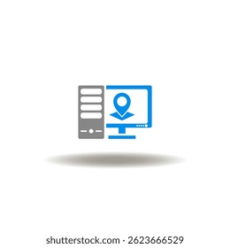 Vector illustration of computer with location place pointer. Symbol of proxy vpn server connection.