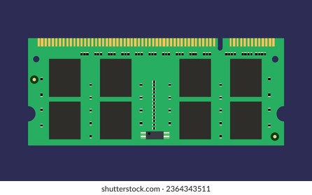 A vector illustration of a computer memory module, representing RAM (Random Access Memory), on a dark background in a flat style.