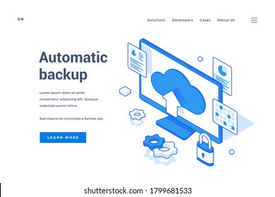 Vector illustration of computer monitor with cloud storage sign depicted on advertisement banner for automatic backup technology. Isometric web banner, landing page template