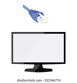 Vector illustration of computer, computer monitor, monitor icon, screen, TV. BLue realistic ethernet network cable. Cable icon. Ethernet connector for mobile apps, web sites