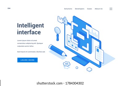 Vector illustration of computer monitor with intelligent interface features on advertisement banner for modern technologies development service. Isometric web banner, landing page template