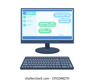 Vector illustration of a computer monitor and keyboard in a flat style. Isolated on a white background. Online chat, communication. Remote work.
