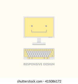 Vector illustration of computer monitor and keyboard in calm colors. Responsive design funny concept with a smile on a screen. Flat style