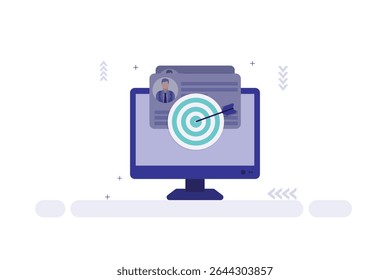 Ilustração vetorial de um monitor de computador mostrando um documento de perfil e um destino de alvo, simbolizando o foco de marketing digital