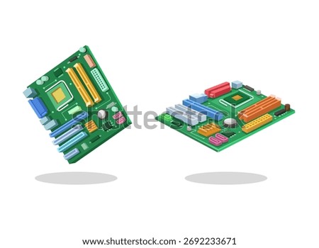Vector illustration of computer motherboard with colorful electronic components. Modern PC hardware design isolated on white background.