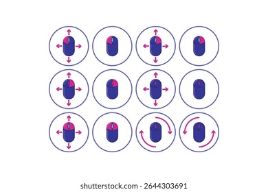 Vector illustration of Computer Mouse Gestures Grid – 12 Icons Showing Movement and Scroll Directions