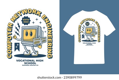 vector illustration of computer and network engineering t-shirt, monitor, keyboard, technical, program, retro, vintage, good design for screen printing