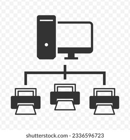 Vector illustration of computer network to printers icon in dark color and transparent background(PNG).