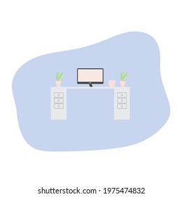 Vector illustration, computer office, stationery items and houseplants on a desk. Flat style