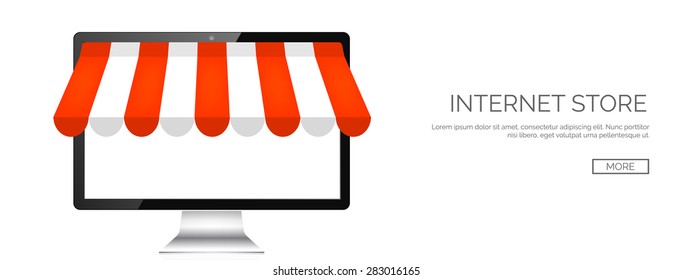 Vector illustration. Computer. Online store, internet shopping. Web deals and currency.