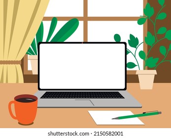 Vector illustration - a computer with an open white monitor - copy space on the table and a cup of coffee on the background of a window with indoor plants. Concept - remote work and a cozy home office