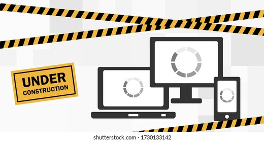 vector illustration of computer and phone with loading bars template and under construction signs