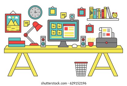Vector illustration of a computer placed on an office desk. Flat color line style.