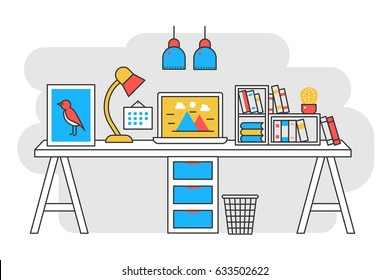 Vector illustration of a computer placed on an office desk. Flat color line style.