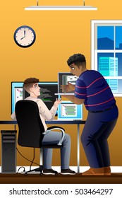 A vector illustration of Computer Programmers Working in the Office