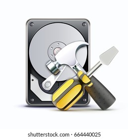 Vector illustration of computer repairing service concept with hard drive disc,  screwdriver and hammer