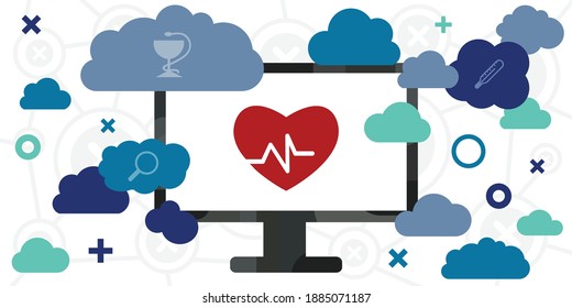 vector illustration of computer screen and medical symbols for distant diagnostics and telemedicine