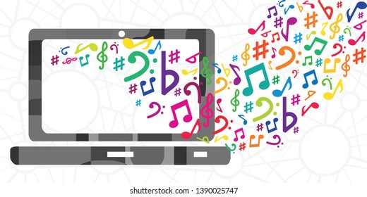 vector illustration of computer screen and music notes for party organization and digital audio files