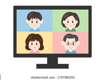 Ilustración vectorial de la pantalla del ordenador. En una reunión en línea.