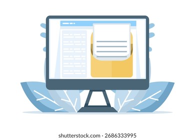 Ilustração vetorial da tela do computador mostrando a interface da caixa de entrada de e-mail com a nova notificação de mensagem não lida. Representa a comunicação digital, o gerenciamento de e-mail e o conceito de correspondência comercial.
