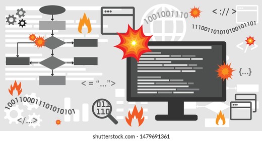 vector illustration with computer screens and burning devices for hot deadlines and informational overload concept