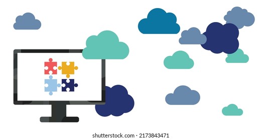 vector illustration of computer screens and jigsaw puzzle pieces for team leading online project management 