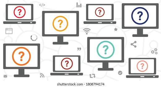 vector illustration of computer screens and question marks for online surveys and virtual consultancy 