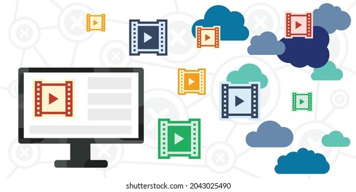 vector illustration of computer and storing video content in cloud 