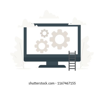 Vector illustration of computer with three large gears. Monitor service, adjusting app, setting options, maintenance, repair, fixing laptop concepts.